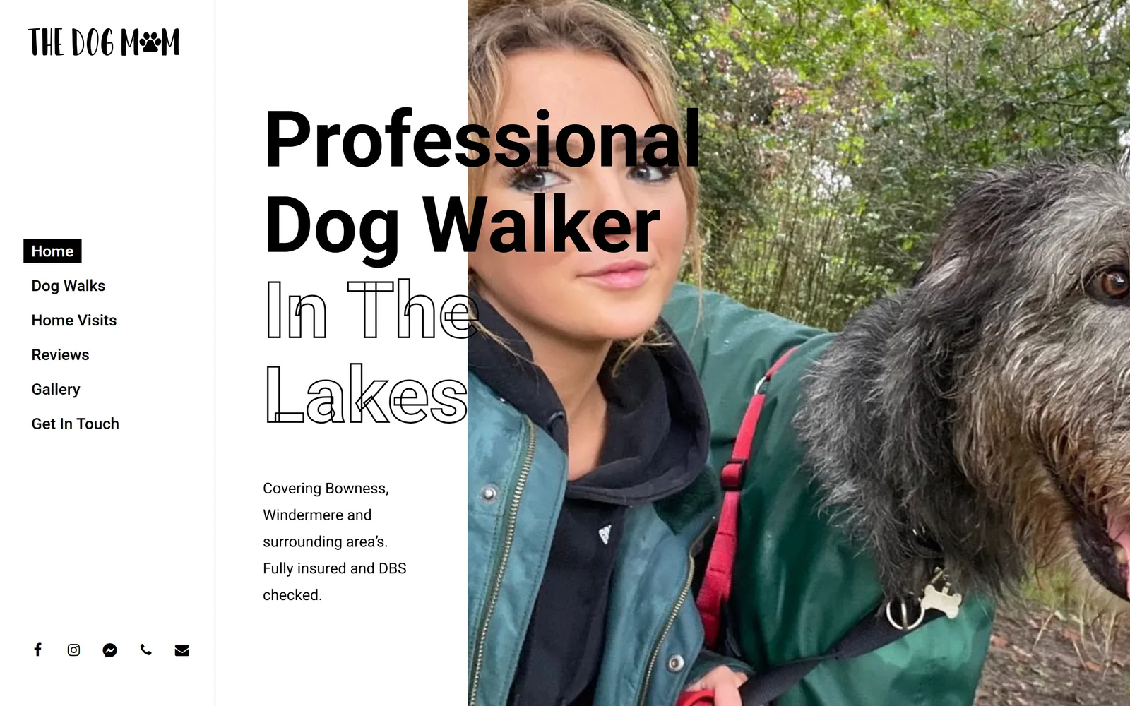 The Dog Mom website: professional dog walker in the Lakes, with walks, home visits and a photo of the walker and a dog