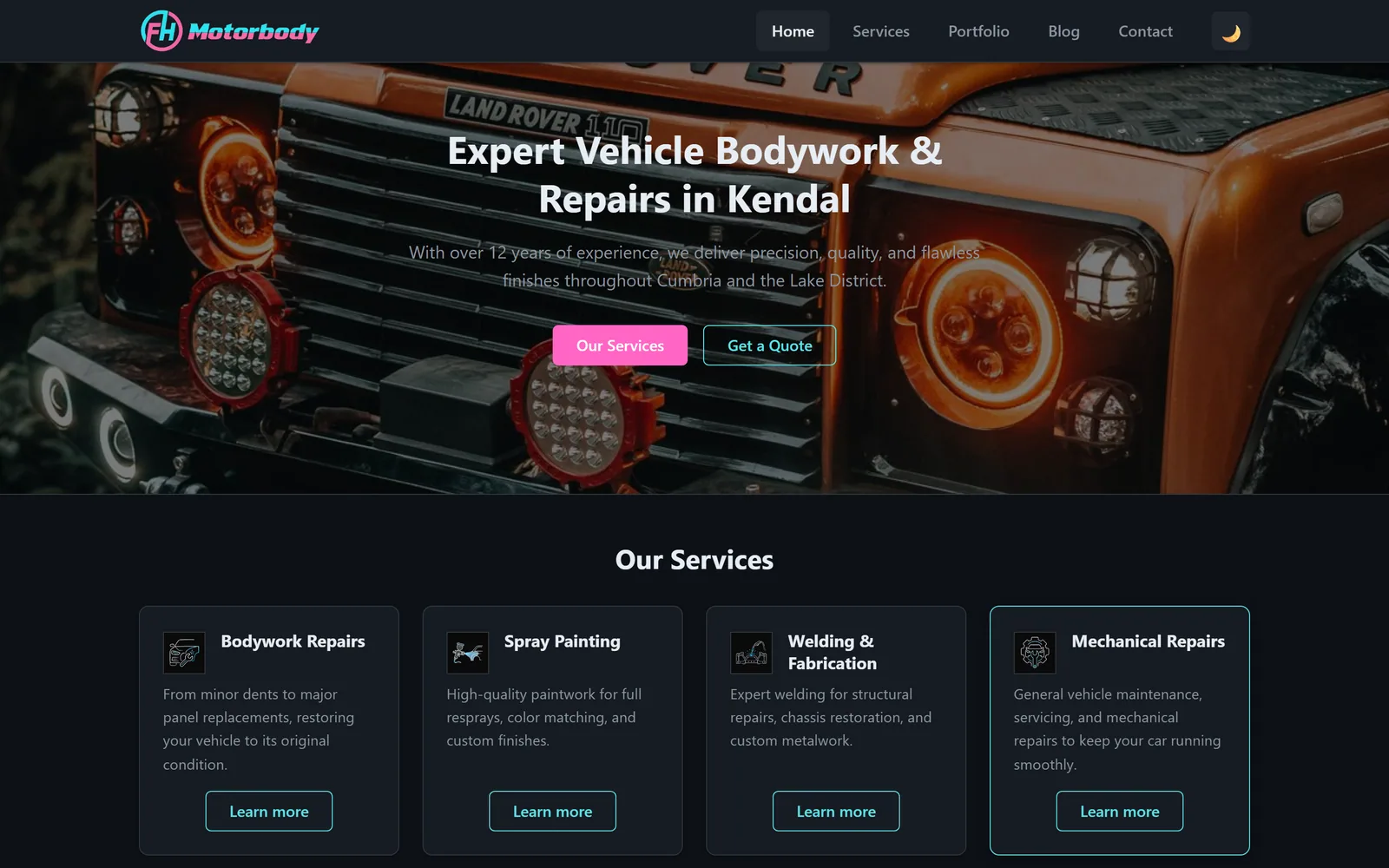 FH Motorbody website in Kendal: vehicle bodywork, a Land Rover hero, services and a quote path