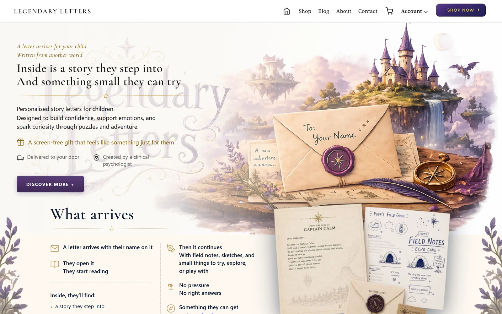 Legendary Letters shop homepage: personalised story letters for children, with a catalogue and checkout